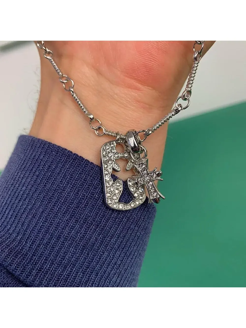 Y2K Cyber Grunge Silver Cross Rhinestone Dog Tag Style Pendant Necklace